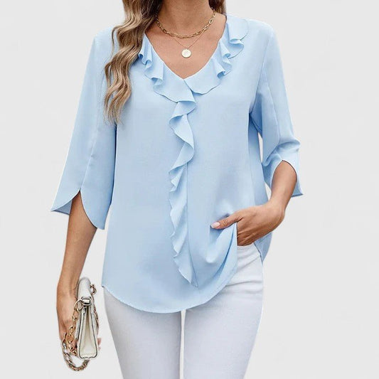 Elegant Blouses for Women with Ruffle V-Neckline and Half Sleeve Chiffon Style