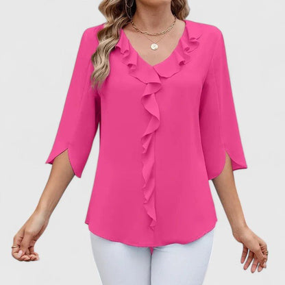 Elegant Blouses for Women with Ruffle V-Neckline and Half Sleeve Chiffon Style