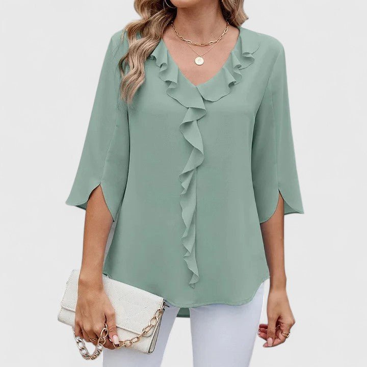 Elegant Blouses for Women with Ruffle V-Neckline and Half Sleeve Chiffon Style