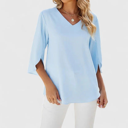Elegant Blouses for Women with Ruffle V-Neckline and Half Sleeve Chiffon Style