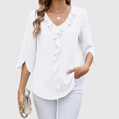 Elegant Blouses for Women with Ruffle V-Neckline and Half Sleeve Chiffon Style