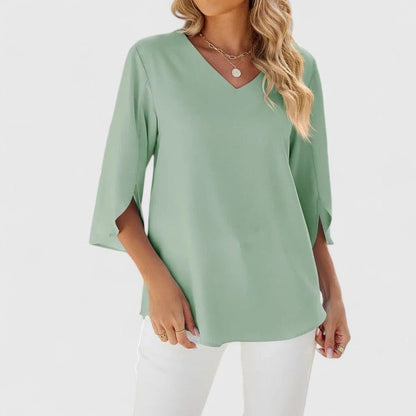 Elegant Blouses for Women with Ruffle V-Neckline and Half Sleeve Chiffon Style