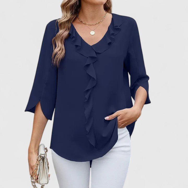 Elegant Blouses for Women with Ruffle V-Neckline and Half Sleeve Chiffon Style