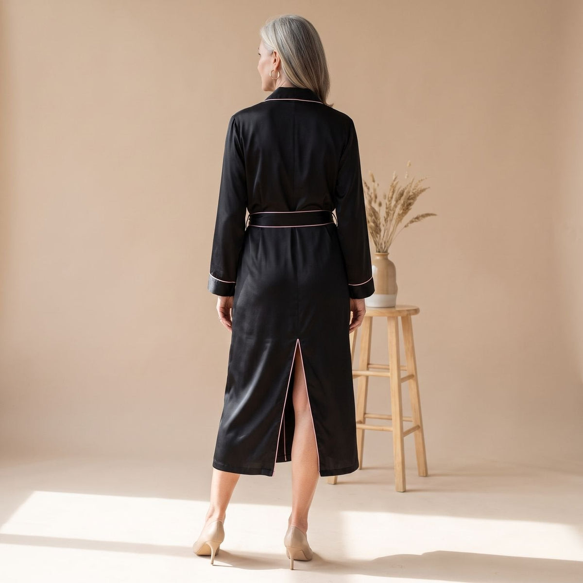Elegant Satin Robe for Women with Belted Long Sleeve Contrast Trim Lightweight Sleepwear Style