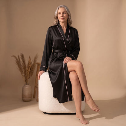 Elegant Satin Robe for Women with Belted Long Sleeve Contrast Trim Lightweight Sleepwear Style