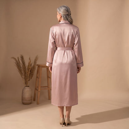 Elegant Satin Robe for Women with Belted Long Sleeve Contrast Trim Lightweight Sleepwear Style