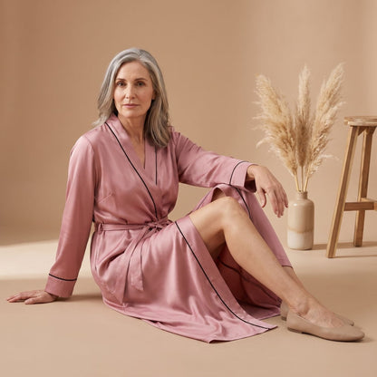 Elegant Satin Robe for Women with Belted Long Sleeve Contrast Trim Lightweight Sleepwear Style