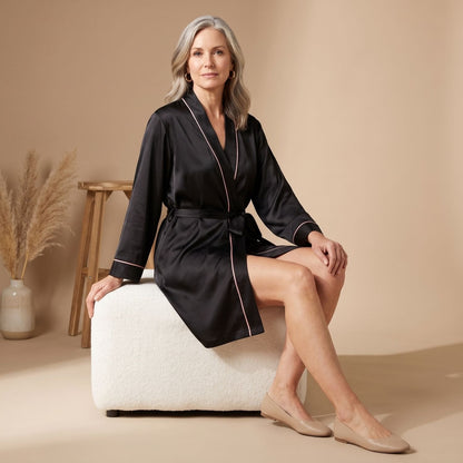 Elegant Satin Robe for Women with Belted Long Sleeve Contrast Trim Lightweight Sleepwear Style