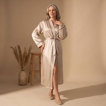 Elegant Satin Robe for Women with Belted Long Sleeve Contrast Trim Lightweight Sleepwear Style
