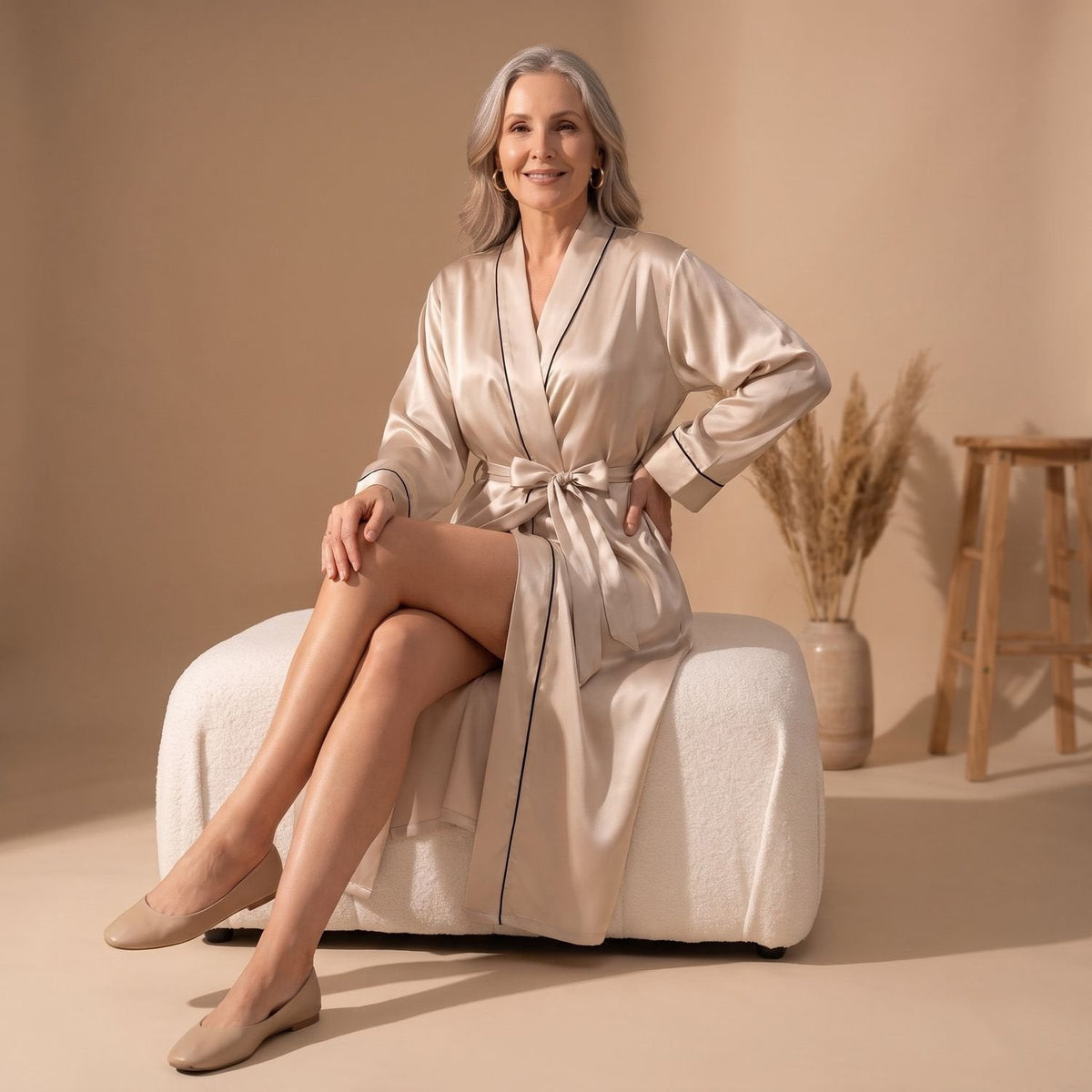 Elegant Satin Robe for Women with Belted Long Sleeve Contrast Trim Lightweight Sleepwear Style