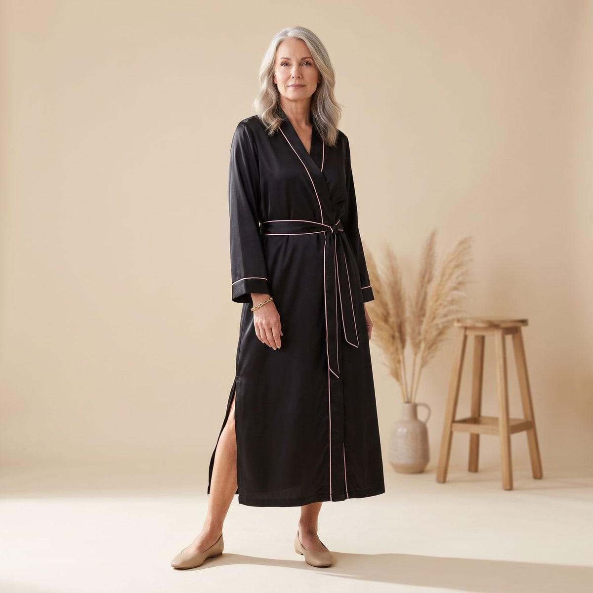 Elegant Satin Robe for Women with Belted Long Sleeve Contrast Trim Lightweight Sleepwear Style