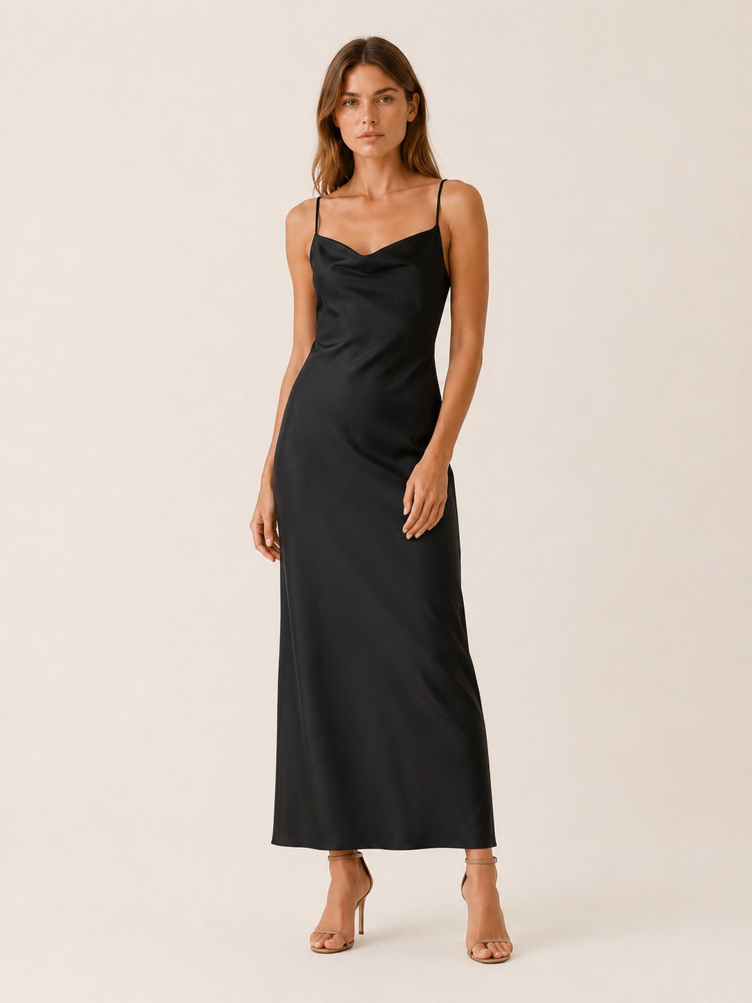 Elegant Black Dress for Women with Cowl Neck Spaghetti Strap Satin Slip Style