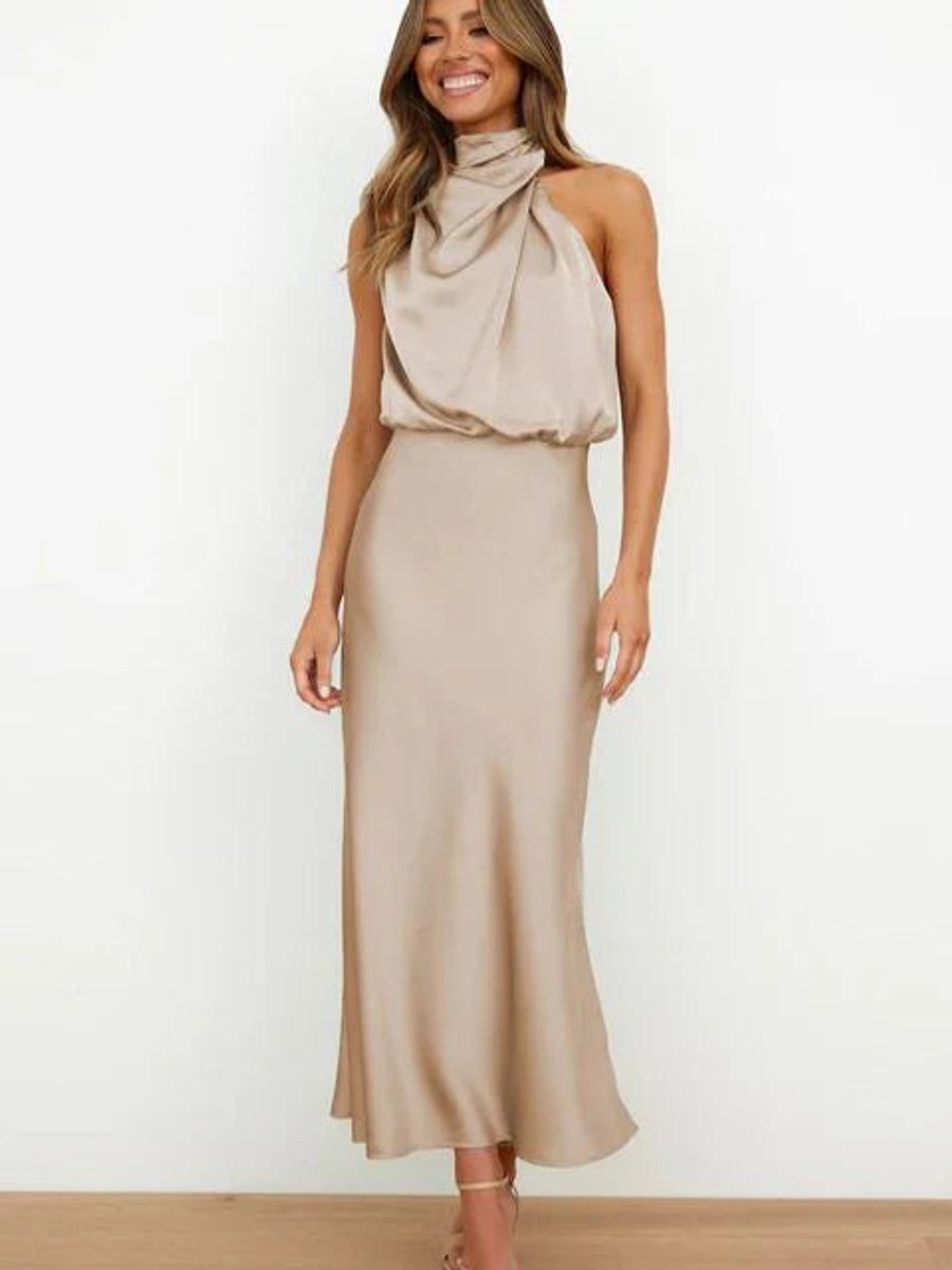 Elegant Satin Maxi Dress for Women with High Neck Halter Draped Bodice Flowing Fall Wedding Guest Style