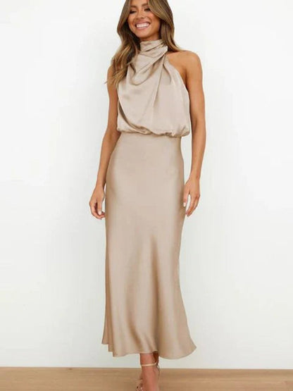 Elegant Satin Maxi Dress for Women with High Neck Halter Draped Bodice Flowing Fall Wedding Guest Style