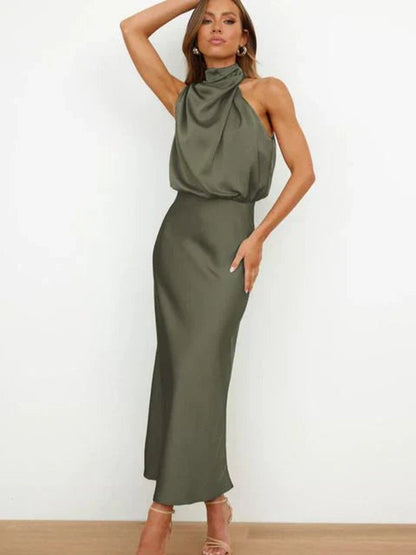 Elegant Satin Maxi Dress for Women with High Neck Halter Draped Bodice Flowing Fall Wedding Guest Style