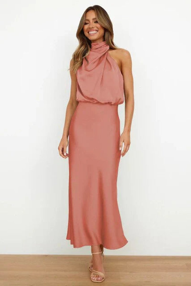 Elegant Satin Maxi Dress for Women with High Neck Halter Draped Bodice Flowing Fall Wedding Guest Style