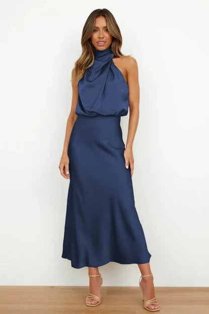 Elegant Satin Maxi Dress for Women with High Neck Halter Draped Bodice Flowing Fall Wedding Guest Style