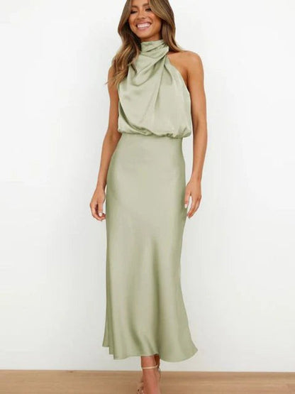 Elegant Satin Maxi Dress for Women with High Neck Halter Draped Bodice Flowing Fall Wedding Guest Style
