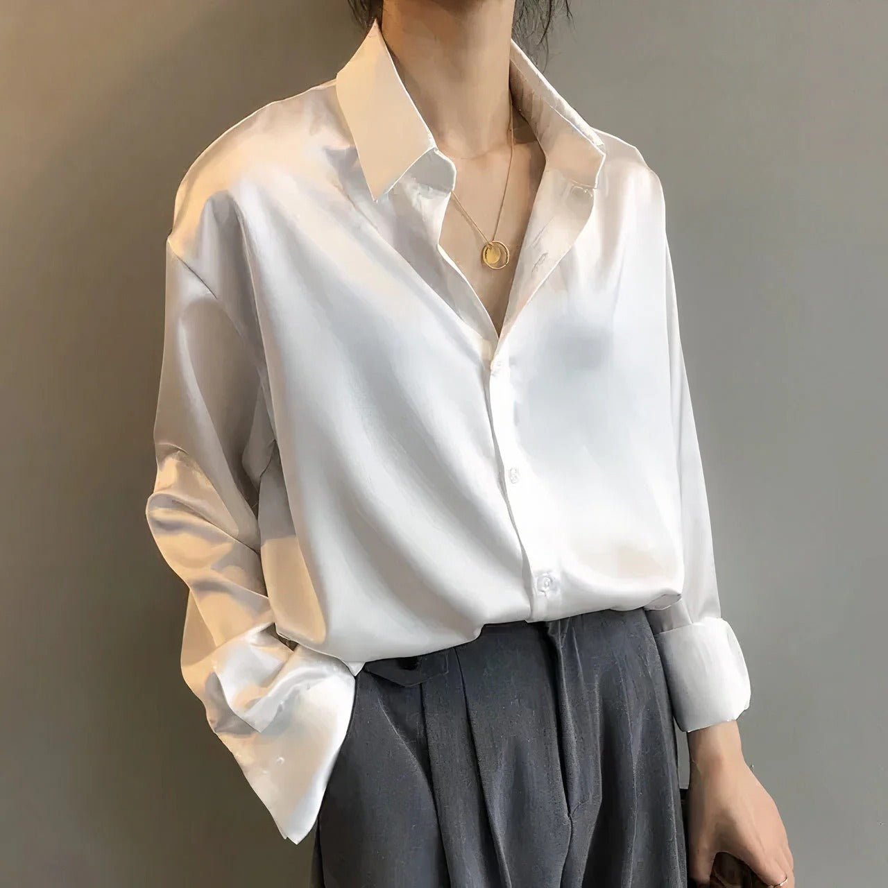Elegant Satin Blouses for Women with Collar Long Sleeve Button Front Relaxed Silky Style