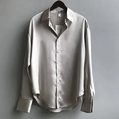 Elegant Satin Blouses for Women with Collar Long Sleeve Button Front Relaxed Silky Style