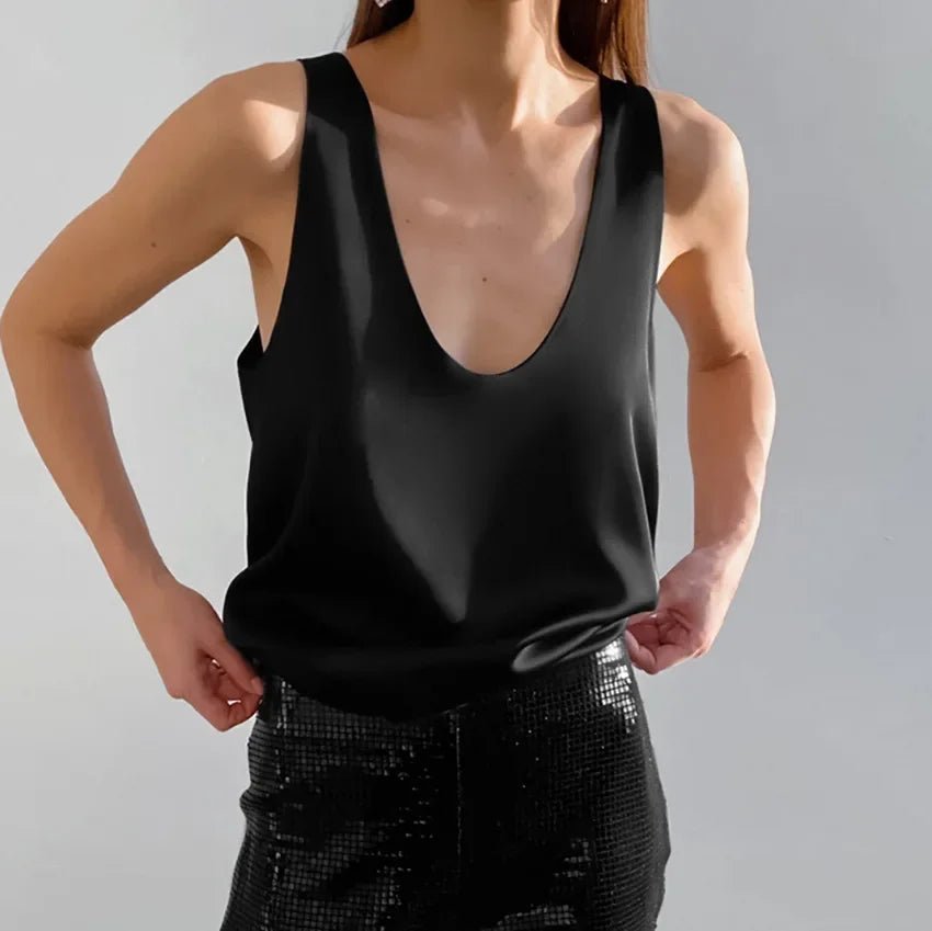 Effortless Satin Tank Top for Women with V Neck Racerback Relaxed Flowing Style
