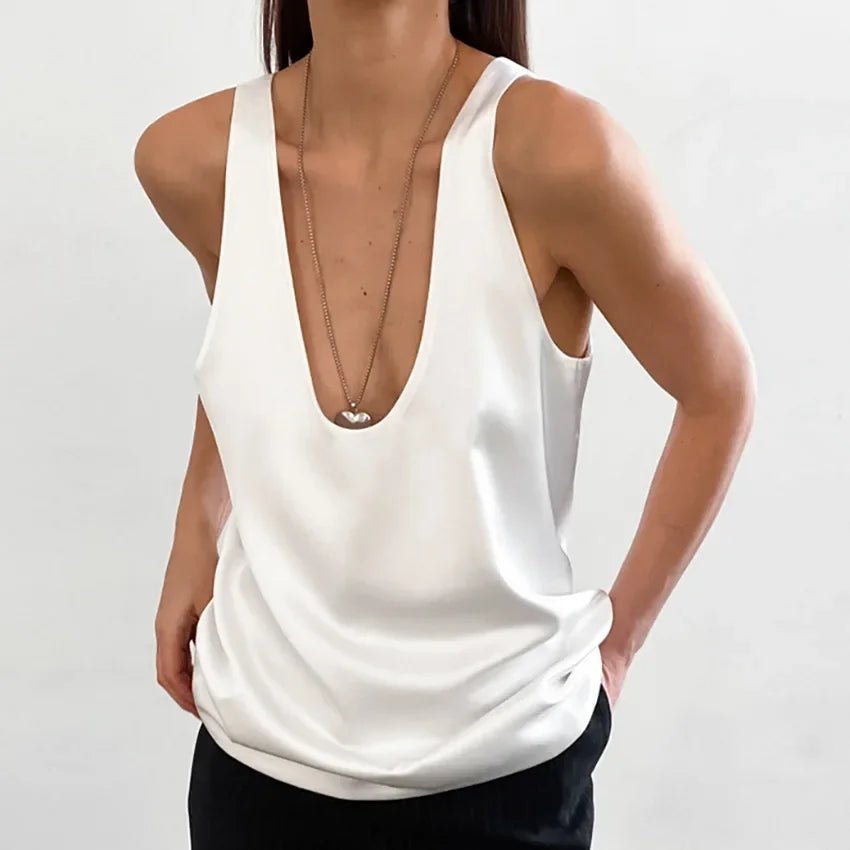 Effortless Satin Tank Top for Women with V Neck Racerback Relaxed Flowing Style