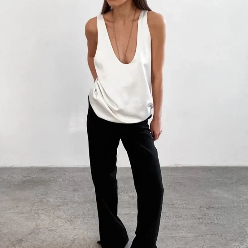 Effortless Satin Tank Top for Women with V Neck Racerback Relaxed Flowing Style