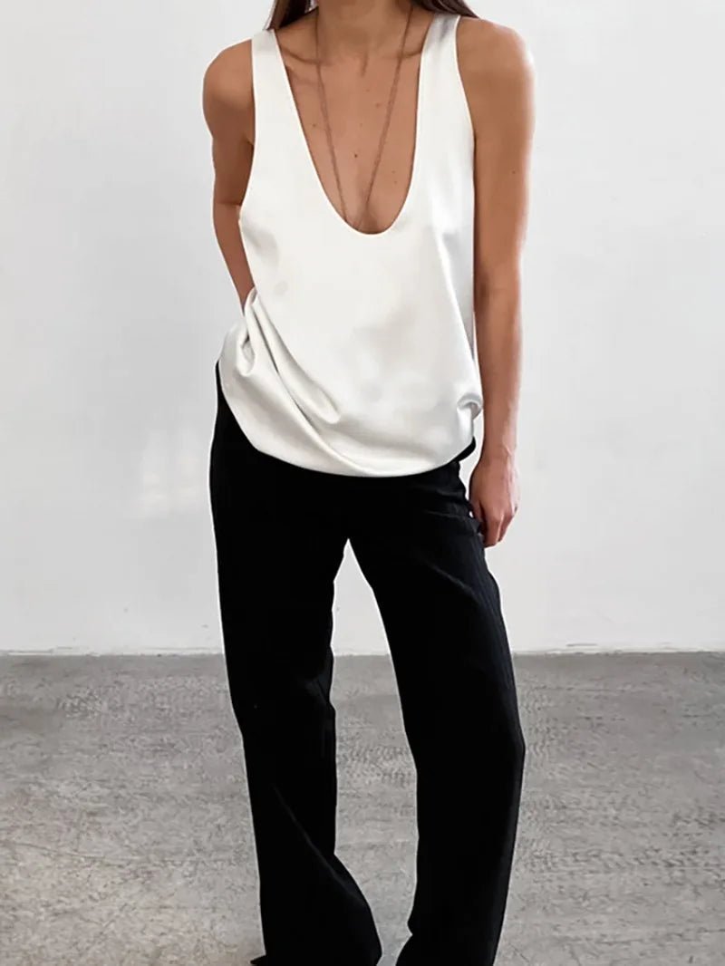 Effortless Satin Tank Top for Women with V Neck Racerback Relaxed Flowing Style