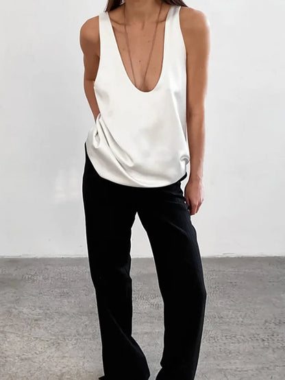 Effortless Satin Tank Top for Women with V Neck Racerback Relaxed Flowing Style