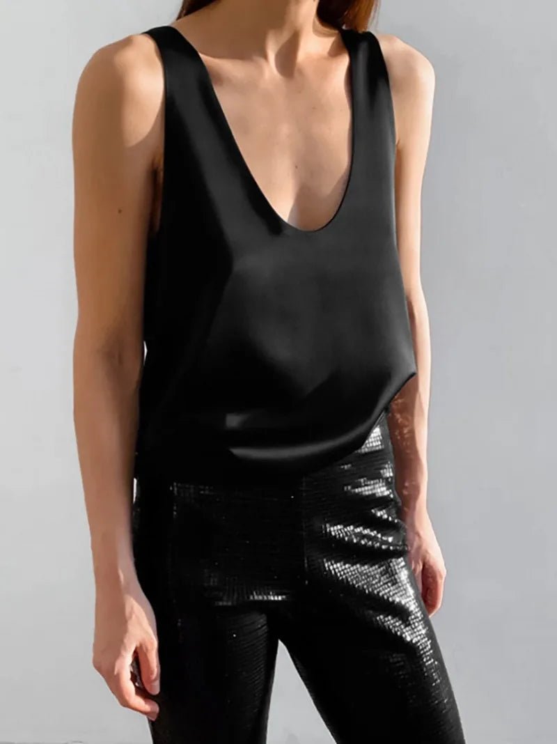 Effortless Satin Tank Top for Women with V Neck Racerback Relaxed Flowing Style