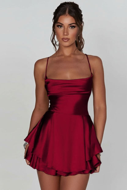 Elegant Mini Dress for Women with Satin Ruffle Skirt Cocktail Party Style