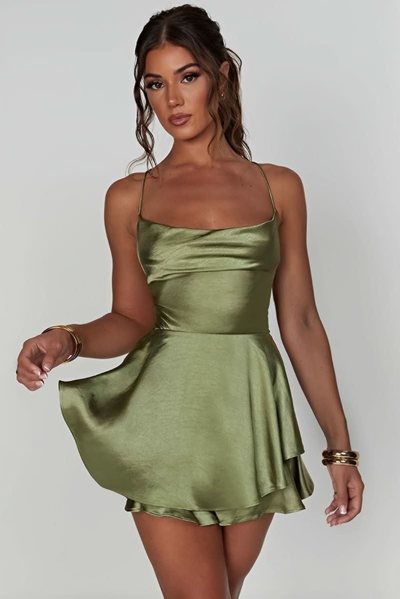 Elegant Mini Dress for Women with Satin Ruffle Skirt Cocktail Party Style