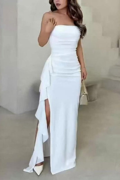 Elegant White Satin Maxi Dress for Women with Strapless Ruched High Slit Formal Wedding Guest Style