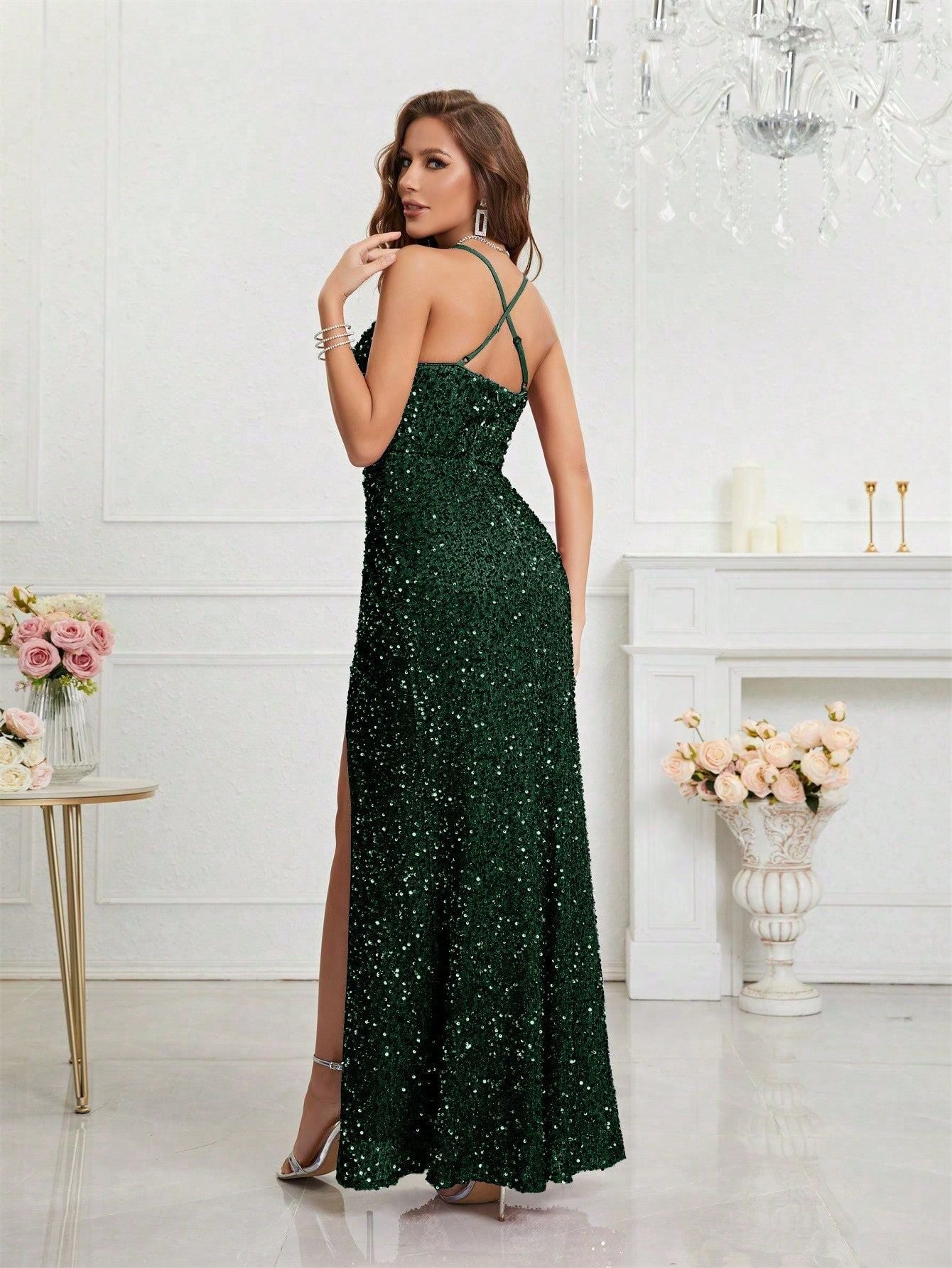 Elegant Champagne Sequin Dress for Women with V Neck Spaghetti Strap High Slit Mermaid Style