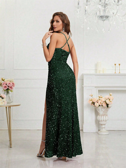 Elegant Champagne Sequin Dress for Women with V Neck Spaghetti Strap High Slit Mermaid Style
