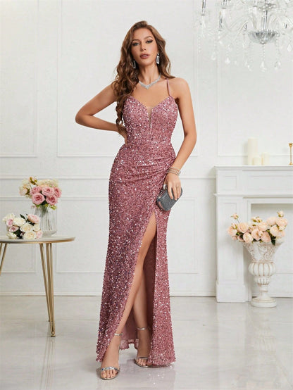 Elegant Champagne Sequin Dress for Women with V Neck Spaghetti Strap High Slit Mermaid Style