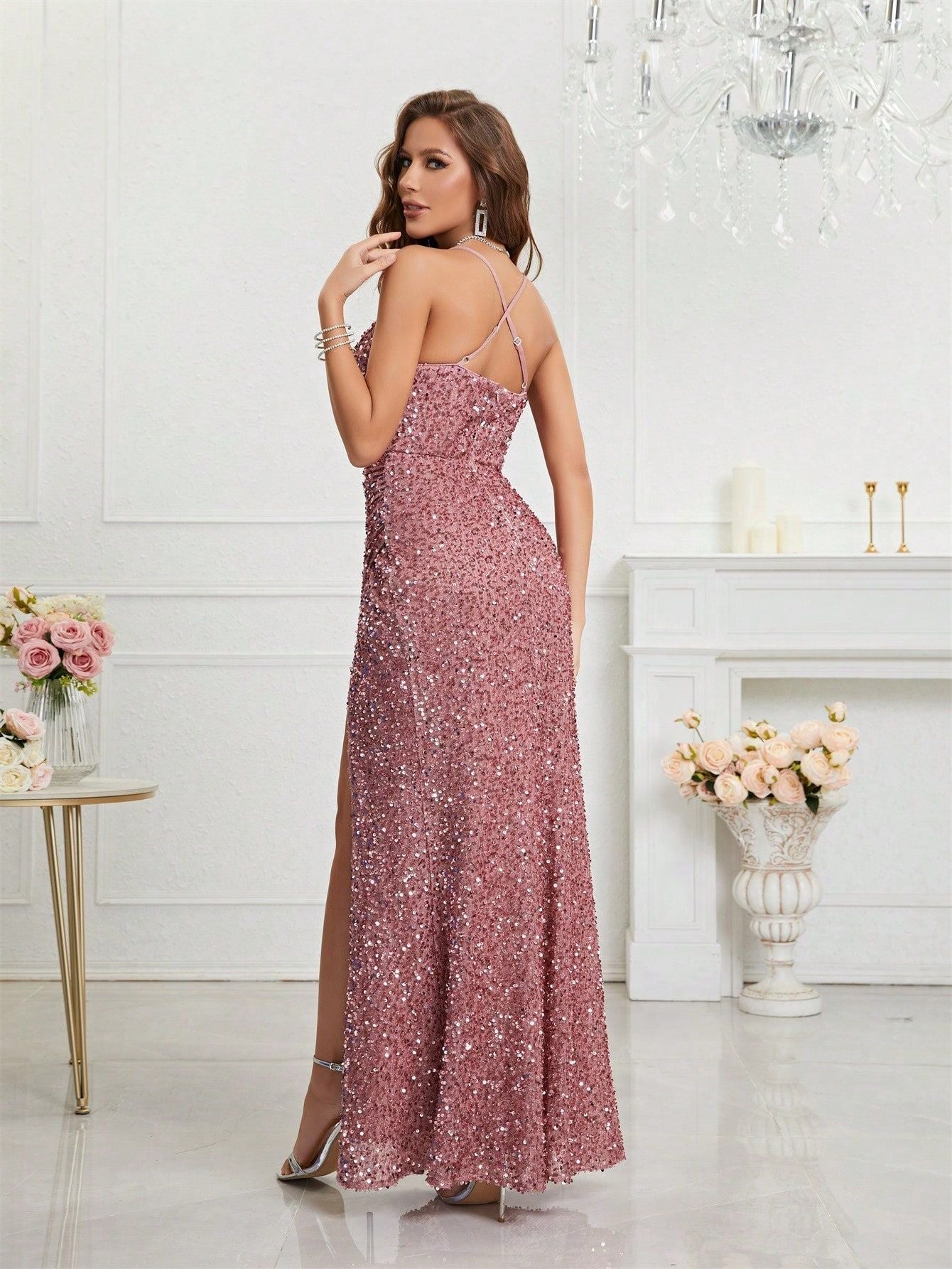 Elegant Champagne Sequin Dress for Women with V Neck Spaghetti Strap High Slit Mermaid Style