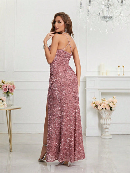 Elegant Champagne Sequin Dress for Women with V Neck Spaghetti Strap High Slit Mermaid Style