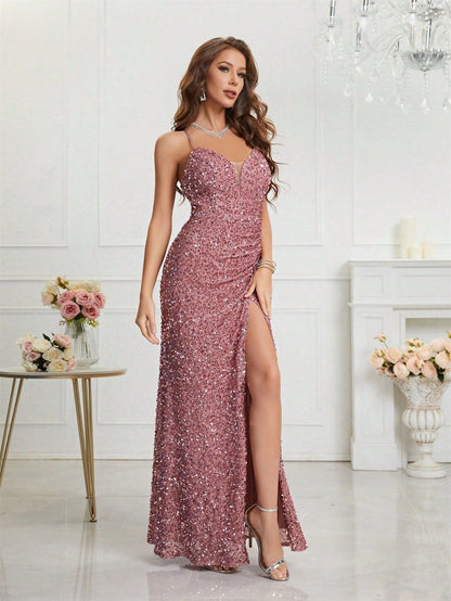 Elegant Champagne Sequin Dress for Women with V Neck Spaghetti Strap High Slit Mermaid Style
