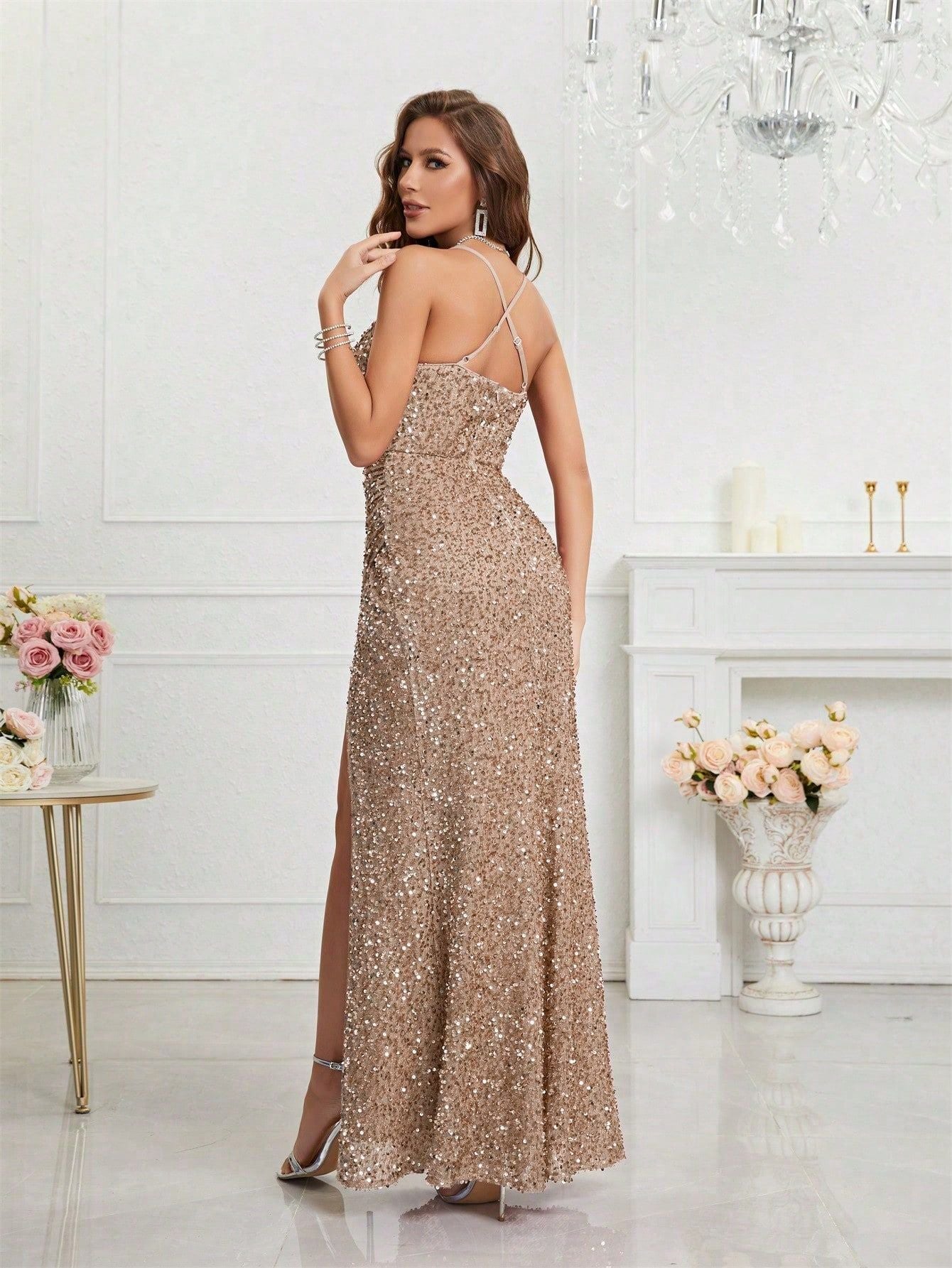 Elegant Champagne Sequin Dress for Women with V Neck Spaghetti Strap High Slit Mermaid Style