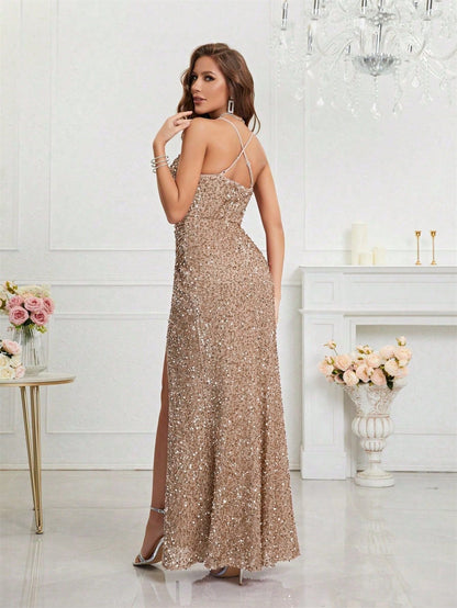 Elegant Champagne Sequin Dress for Women with V Neck Spaghetti Strap High Slit Mermaid Style