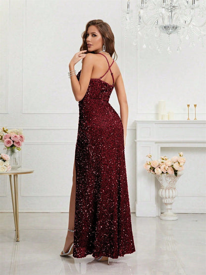 Elegant Champagne Sequin Dress for Women with V Neck Spaghetti Strap High Slit Mermaid Style