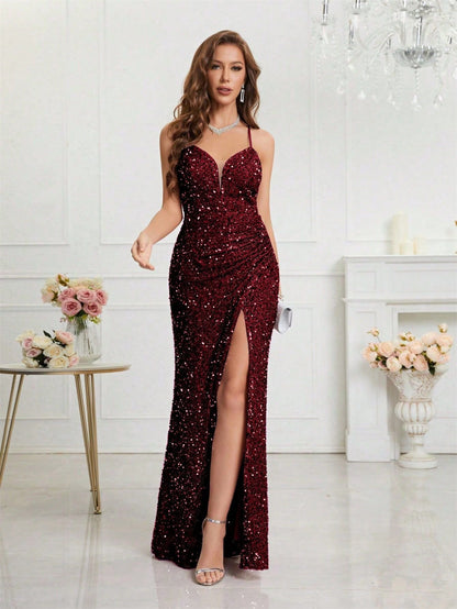 Elegant Champagne Sequin Dress for Women with V Neck Spaghetti Strap High Slit Mermaid Style