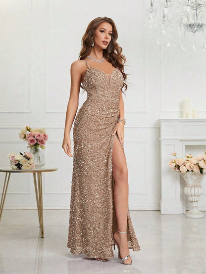 Elegant Champagne Sequin Dress for Women with V Neck Spaghetti Strap High Slit Mermaid Style