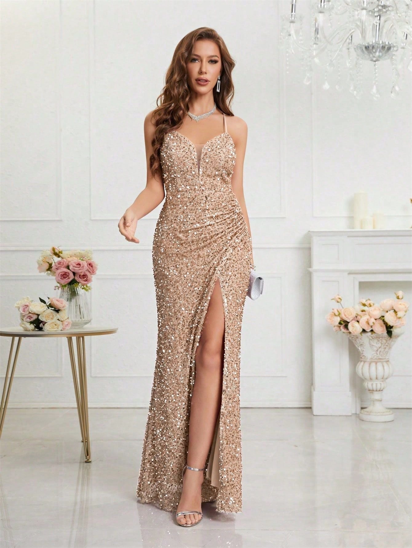 Elegant Champagne Sequin Dress for Women with V Neck Spaghetti Strap High Slit Mermaid Style