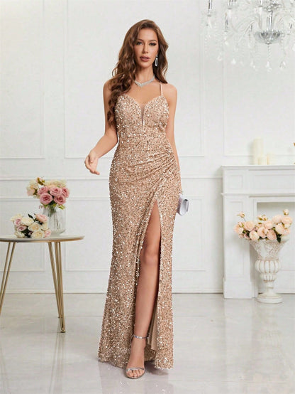 Elegant Champagne Sequin Dress for Women with V Neck Spaghetti Strap High Slit Mermaid Style