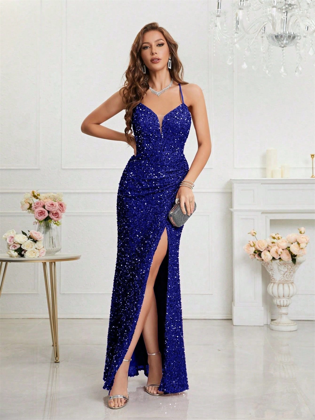 Elegant Champagne Sequin Dress for Women with V Neck Spaghetti Strap High Slit Mermaid Style