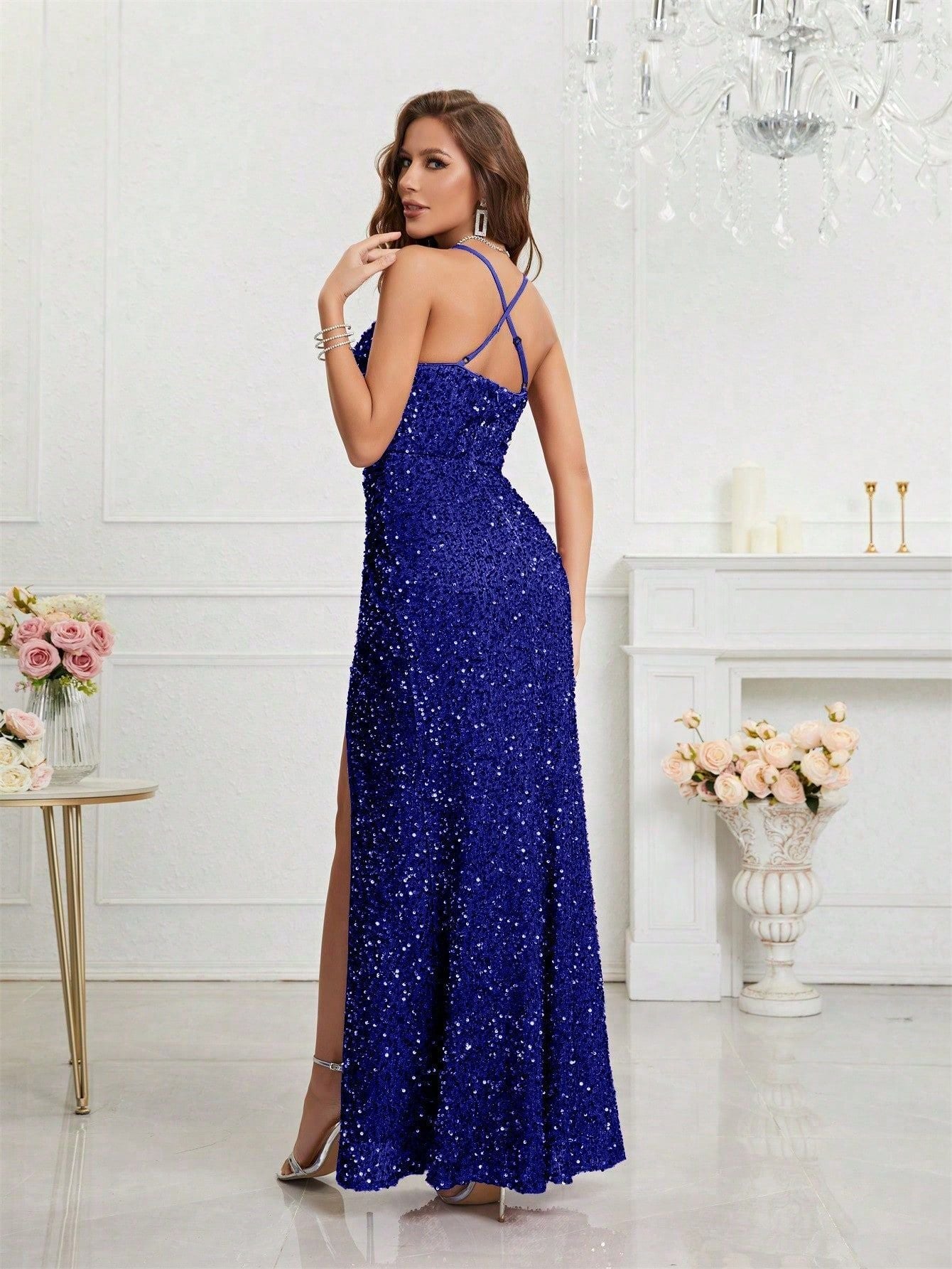 Elegant Champagne Sequin Dress for Women with V Neck Spaghetti Strap High Slit Mermaid Style