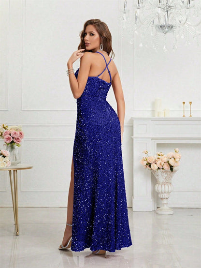 Elegant Champagne Sequin Dress for Women with V Neck Spaghetti Strap High Slit Mermaid Style