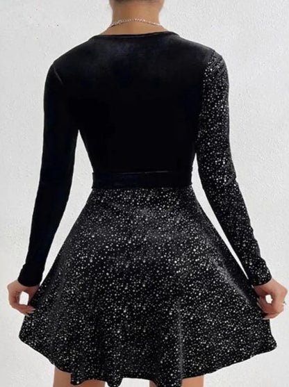 Elegant Sequin Dress for Women with Surplice V Neck Long Sleeve Wrap Belted Fit Flare Cocktail Style